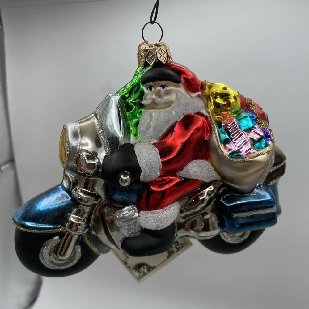 Kurt Adler Santa on Motorcycle Glass Christmas Ornament Blue Silver Red